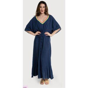 Saachi Womens Navy Kaftan Maxi Dress Rainbow Crochet Drawstring Waist Cotton O/S